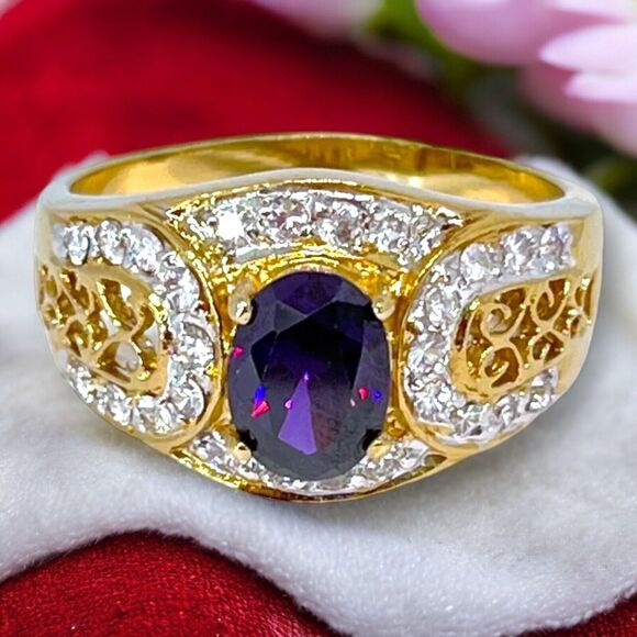 Vintage Ring Size 6 Purple & Clear Cubic Zirconia 18K Gold Plate Mid-Century 14J - Picture 3 of 9